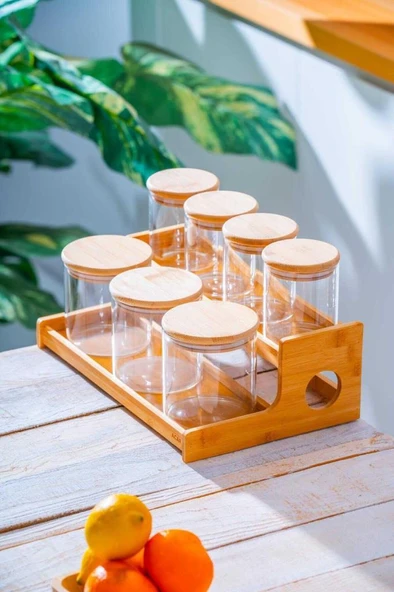 Acar Malibu Bambu Standlı 7 li Boroslikat Cam Baharatlık Seti LND-07588