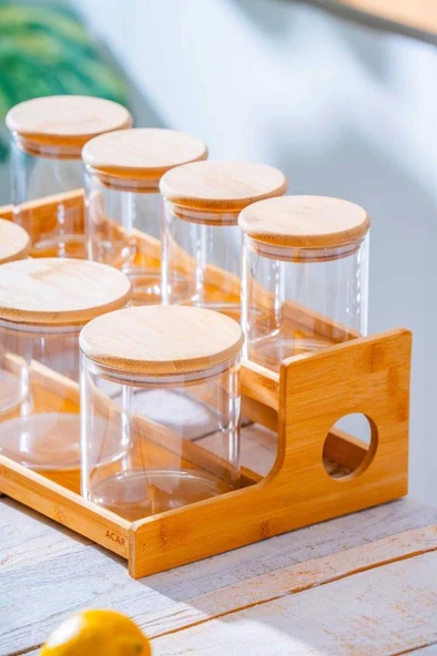 Acar Malibu Bambu Standlı 7 li Boroslikat Cam Baharatlık Seti LND-07588 - 2
