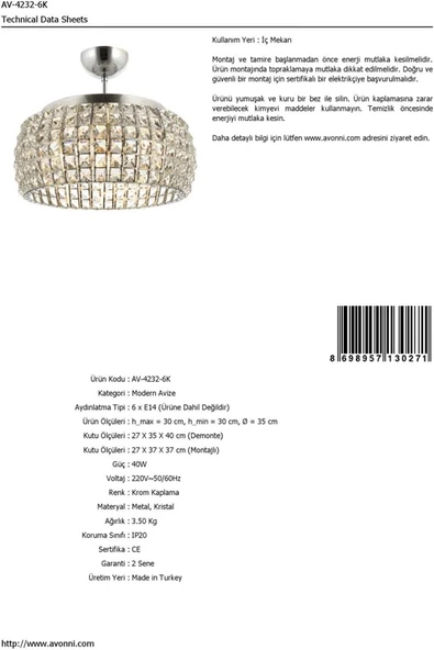 AVONNI AV-60034-6K Krom Kaplama Klasik Avize E14 Metal Kristal 35cm - 2