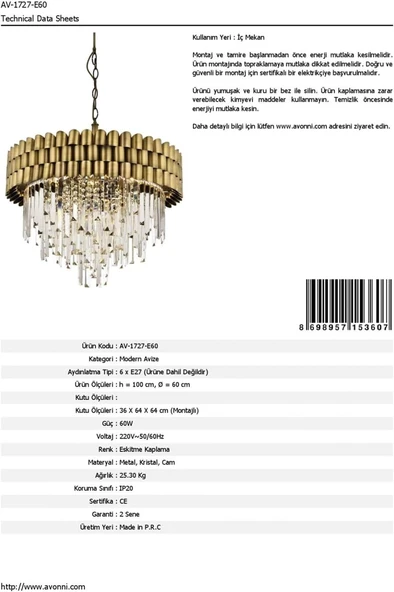 AVONNI AV-60122-E60 Eskitme Kaplama Klasik Avize E27 Metal Kristal Cam 60cm - 2