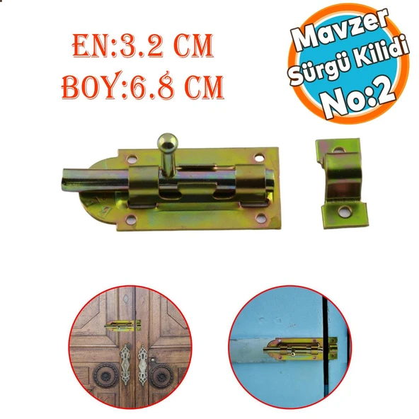 Sürgü Mavzer No:2 Kilit Kadmiyum 32x68 mm Ahşap Pvc Demir Kapı Pencere Emniyet Mandalı Kilidi