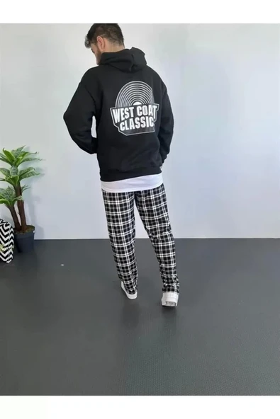 Erkek Sırt Baskılı Kapüşonlu Üç İplik Oversize Sweatshirt - Siyah - 2