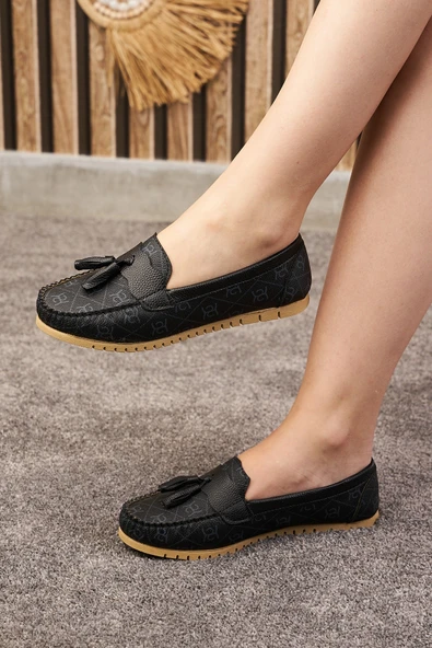 Günlük Kadın Babet Püskül Ve Dikiş Detaylı Suni Deri Desenli Rahat Hafif Alçak Topuklu Ayakkabı 05 - 5