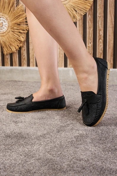 Günlük Kadın Babet Püskül Ve Dikiş Detaylı Suni Deri Desenli Rahat Hafif Alçak Topuklu Ayakkabı 05 - 8