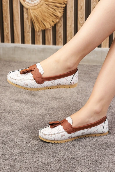 Günlük Kadın Babet Püskül Ve Dikiş Detaylı Suni Deri Desenli Rahat Hafif Alçak Topuklu Ayakkabı 05 - 9