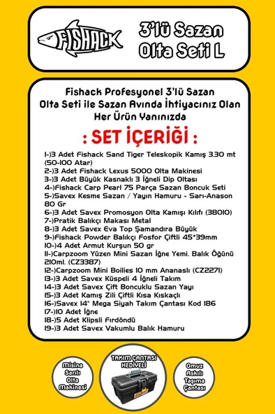 Fishack 3'lü Sazan Olta Seti L - 3.30MT/50-100GR - 2