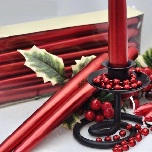 10 PCS CHRISTMAS CANDLE METALLIC BRIGHT RED CANDLESTICK 10 ADET KIRMIZI ŞAMDAN MUMU YILBAŞI MUMLARI - Resim 3