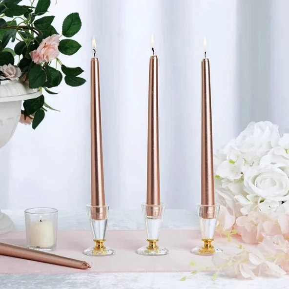 CHRISTMAS CANDLE METALLIC BRIGHT ROSE GOLD CANDLESTICK 10 ADET ROSE GOLD ŞAMDAN MUMU YILBAŞI MUMLARI ürün görseli 1