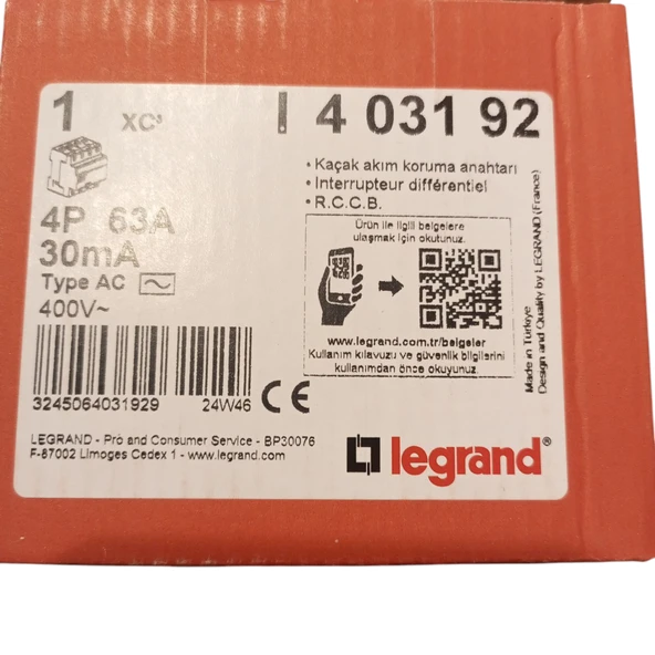 4P 63A 30mA AC tipi 400V~LEGRAND • Kaçak akım koruma anahtarı.  Kesici farklılığı R.C.C.B. - 2