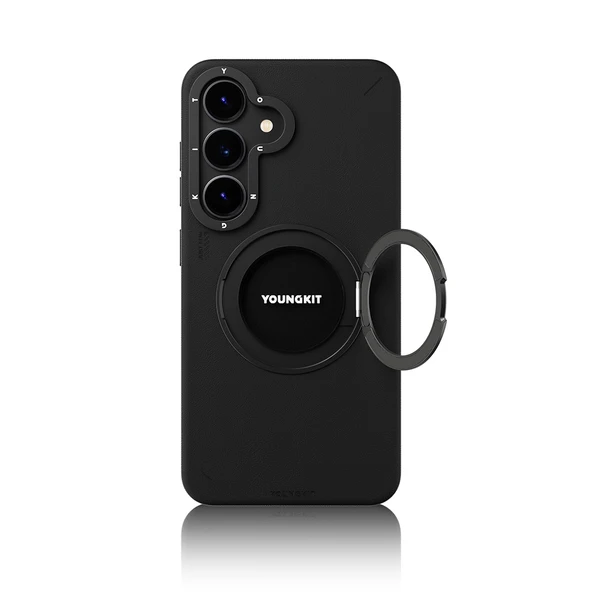 Galaxy S25 Kılıf M-safe Şarj Özellikli 360° Standlı Basit Mat Deri Desenli Youngkit Tech Leather Serisi Kapak - Resim 4