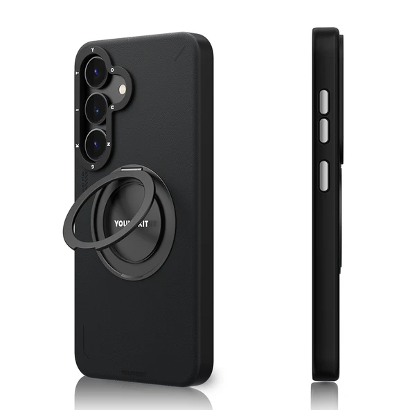 Galaxy S25 Kılıf M-safe Şarj Özellikli 360° Standlı Basit Mat Deri Desenli Youngkit Tech Leather Serisi Kapak - Resim 3