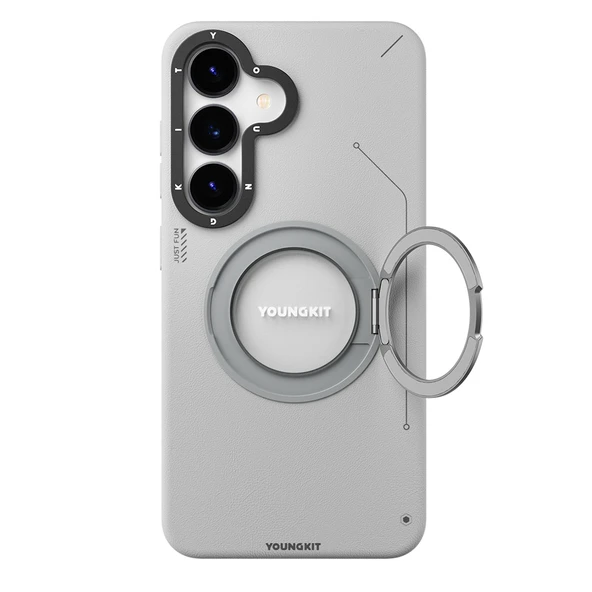 Galaxy S25 Kılıf M-safe Şarj Özellikli 360° Standlı Basit Mat Deri Desenli Youngkit Tech Leather Serisi Kapak - Resim 7