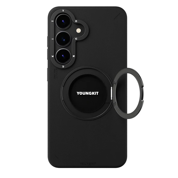 Galaxy S25 Kılıf M-safe Şarj Özellikli 360° Standlı Basit Mat Deri Desenli Youngkit Tech Leather Serisi Kapak - Resim 2