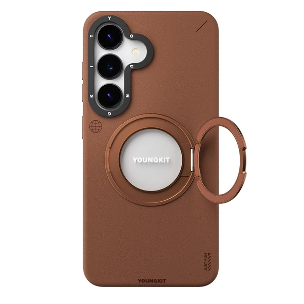 Galaxy S25 Kılıf M-safe Şarj Özellikli 360° Standlı Basit Mat Deri Desenli Youngkit Tech Leather Serisi Kapak - Resim 5