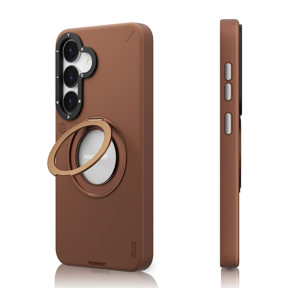 Galaxy S25 Kılıf M-safe Şarj Özellikli 360° Standlı Basit Mat Deri Desenli Youngkit Tech Leather Serisi Kapak - Resim 6