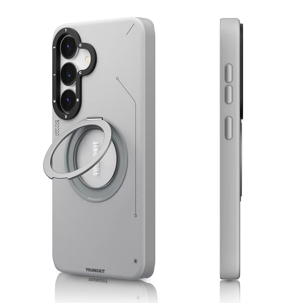 Galaxy S25 Kılıf M-safe Şarj Özellikli 360° Standlı Basit Mat Deri Desenli Youngkit Tech Leather Serisi Kapak - Resim 8