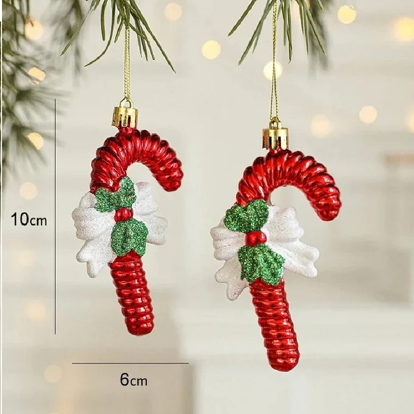 VIP DELUXE 3 ADET FİYONKLU BASTON ÇUBUK YILBAŞI AĞAÇ SÜSÜ 10 CM PARLAK SİMLİ KIRMIZI NOEL SÜSLERİ ürün görseli