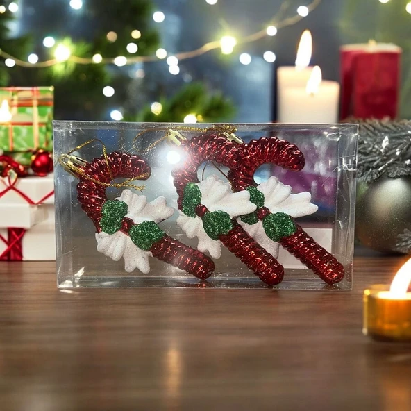 VIP DELUXE 3 ADET FİYONKLU BASTON ÇUBUK YILBAŞI AĞAÇ SÜSÜ 10 CM PARLAK SİMLİ KIRMIZI NOEL SÜSLERİ - Resim 2