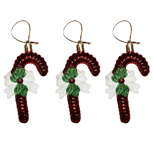 VIP DELUXE 3 ADET FİYONKLU BASTON ÇUBUK YILBAŞI AĞAÇ SÜSÜ 10 CM PARLAK SİMLİ KIRMIZI NOEL SÜSLERİ - Resim 3