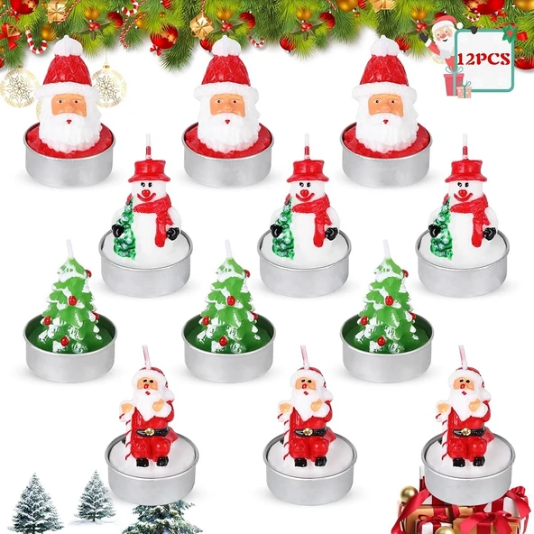 VIP DELUXE 12 ADETGERÇEK YILBAŞI MUMU NOEL TEALİGHT MUM NOEL BABA KARDAN ADAM ÇAM AĞACI FULL SET - Resim 2