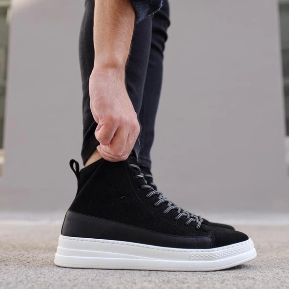 Yüksek Taban Ayakkabı C- Siyah Süet (Beyaz Taban) - Resim 2