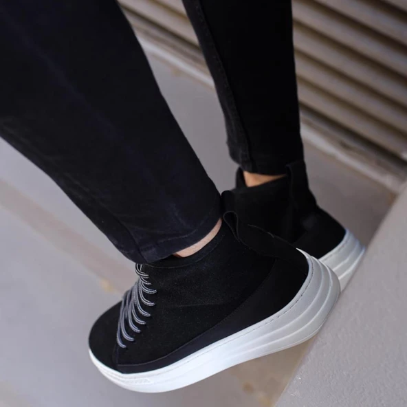 Yüksek Taban Ayakkabı C- Siyah Süet (Beyaz Taban) - Resim 3