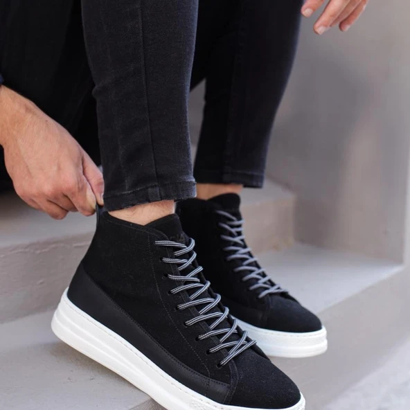 Yüksek Taban Ayakkabı C- Siyah Süet (Beyaz Taban) - Resim 5