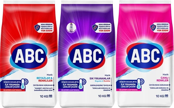 Abc Matik Toz Çamaşır Deterjanı 30KG (3PK*10KG) Karma Set Klasik&Sık Yıkananlar&Renkler (198 Yıkama)