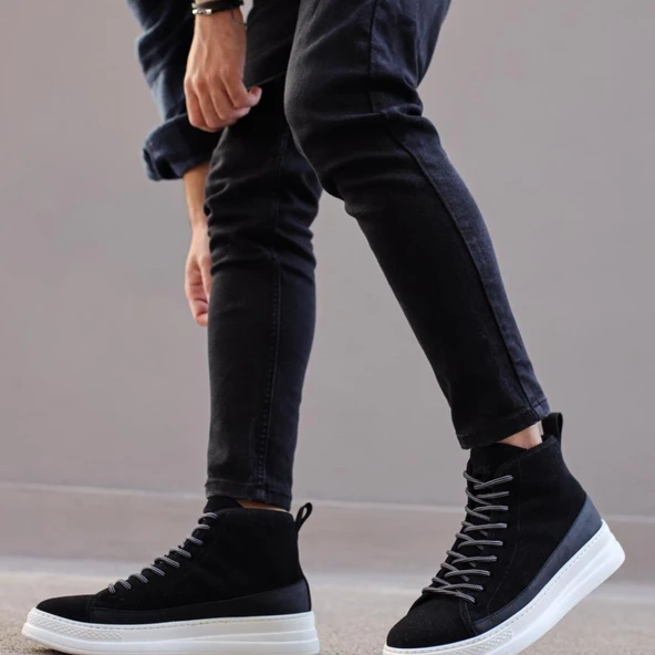 Yüksek Taban Ayakkabı C- Siyah Süet (Beyaz Taban) - Resim 4