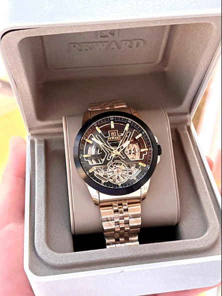 Reward Gold/Siyah Otomatik Mekanizma Çelik Kordon 5 Atm Suya Dayaknıklı Erkek Kol Saati ERW.146308 - Resim 6
