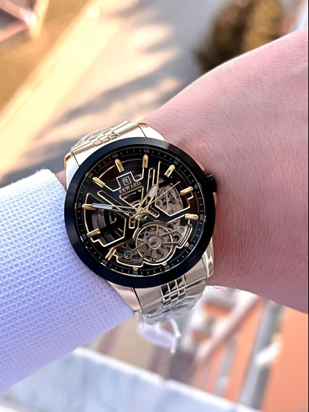 Reward Gold/Siyah Otomatik Mekanizma Çelik Kordon 5 Atm Suya Dayaknıklı Erkek Kol Saati ERW.146308 - Resim 2