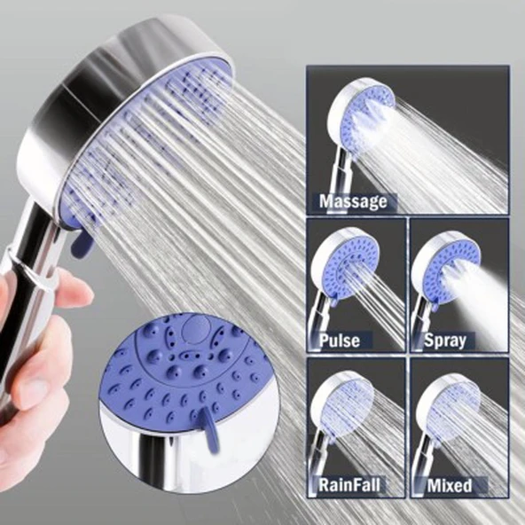 Rondo Mafsallı duş seti 5 fonksiyonlu su akış duş başlığı takımı el duş takımı paslanmaz krom - 3