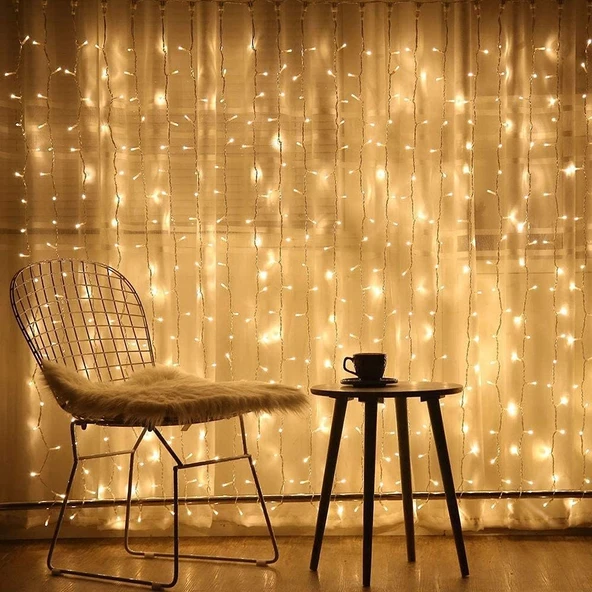 Brokoli Home 8 Fonksiyonlu 16 Saçaklı Animasyonlu  Perde LED Işık Kalın Telli Saçak LED Işık 3 x 3 Metre BEYAZ Renk Aydınlatma Süsleme Fişli Model - 4