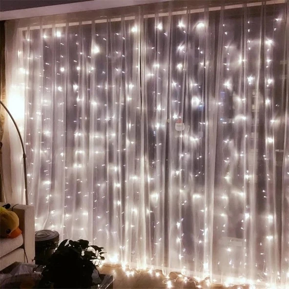 Brokoli Home 8 Fonksiyonlu 16 Saçaklı Animasyonlu  Perde LED Işık Kalın Telli Saçak LED Işık 3 x 3 Metre BEYAZ Renk Aydınlatma Süsleme Fişli Model - 3