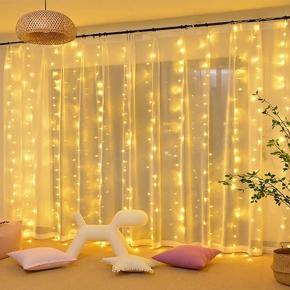 Brokoli Home 8 Fonksiyonlu 16 Saçaklı Animasyonlu  Perde LED Işık Kalın Telli Saçak LED Işık 3 x 3 Metre BEYAZ Renk Aydınlatma Süsleme Fişli Model - 2