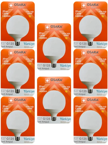 (8 Adet) 20W (120W) 3000K (Sarı Işık) E27 Duylu (Kalın Duy) Glop Led Ampul