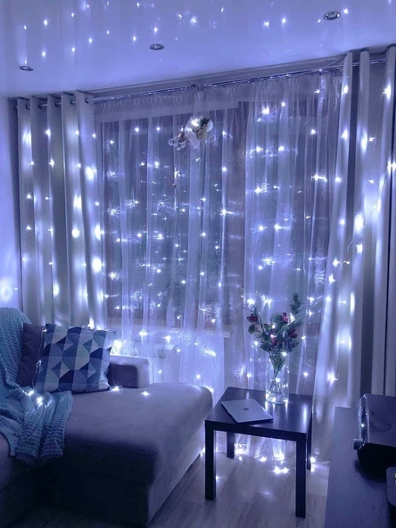 Brokoli Home 8 Fonksiyonlu 16 Saçaklı Animasyonlu  Perde LED Işık Kalın Telli Saçak LED Işık 3 x 3 Metre BEYAZ Renk Aydınlatma Süsleme Fişli Model