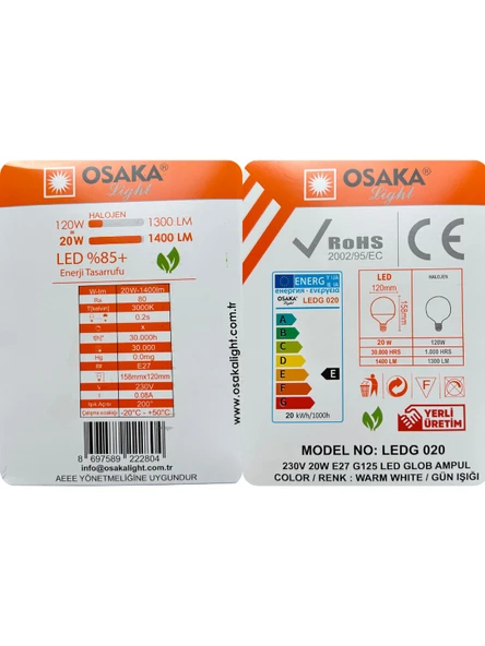 Osaka 20W (120W) 3000K (Sarı Işık) E27 Duylu (Kalın Duy) Glop Led Ampul - Resim 3