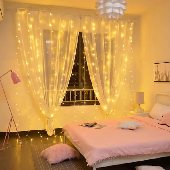 Brokoli Home 8 Fonksiyonlu 16 Saçaklı Animasyonlu  Perde LED Işık Kalın Telli Saçak LED Işık 3 x 3 Metre BEYAZ Renk Aydınlatma Süsleme Fişli Model