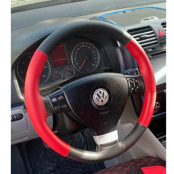 DİKİŞLİ DİREKSİYON KILIFI İTHAL SİYAH KIRMIZI DERİ SİYAH DİKİŞLİ VOLKSWAGEN GOLF İÇİN ürün görseli