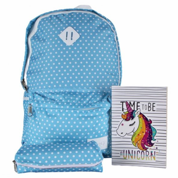 Mavi Puantiyeli Okul Çantası Unicorn Defter İkili Set