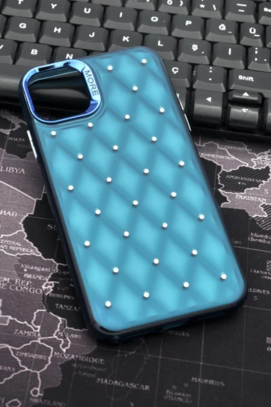 iPhone 13 Uyumlu Baklava Desenli Pırlanta Taşlı Sert Kapak Kılıf Petrol Mavi ürün görseli
