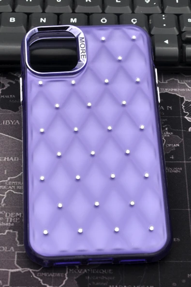 iPhone 11 Uyumlu Baklava Desenli Pırlanta Taşlı Sert Kapak Kılıf Mor - Resim 2