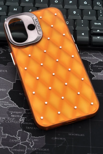 iPhone 16 Uyumlu Baklava Desenli Pırlanta Taşlı Sert Kapak Kılıf Turuncu ürün görseli