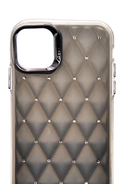 iPhone 16 Pro Max Uyumlu Baklava Desenli Pırlanta Taşlı Sert Kapak Kılıf Gri - Resim 5