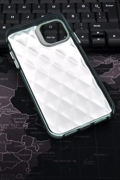 iPhone 12 Uyumlu Baklava Desenli Pırlanta Taşlı Sert Kapak Kılıf Zümrüt Yeşil - Resim 6