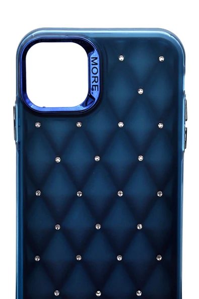 iPhone 13 Uyumlu Baklava Desenli Pırlanta Taşlı Sert Kapak Kılıf Petrol Mavi - Resim 6