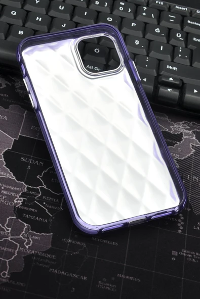 iPhone 13 Uyumlu Baklava Desenli Pırlanta Taşlı Sert Kapak Kılıf Mor - Resim 7