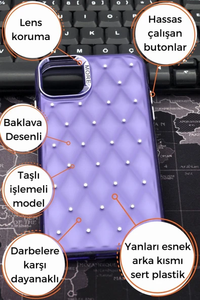 iPhone 15 Pro Uyumlu Baklava Desenli Pırlanta Taşlı Sert Kapak Kılıf Mor - Resim 8