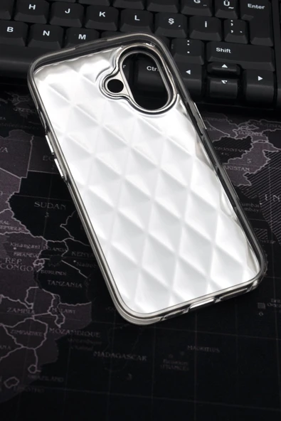 iPhone 16 Uyumlu Baklava Desenli Pırlanta Taşlı Sert Kapak Kılıf Gri - Resim 7